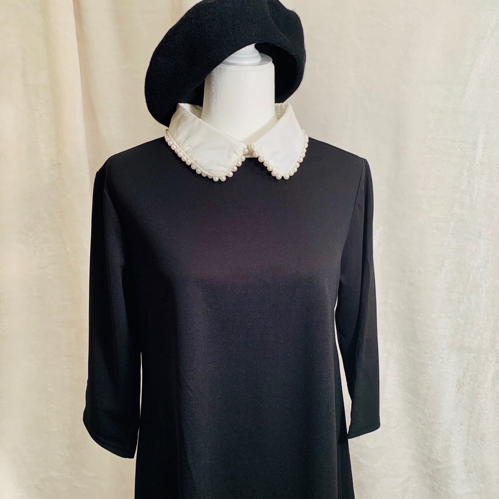 Pearl beaded collar black dress